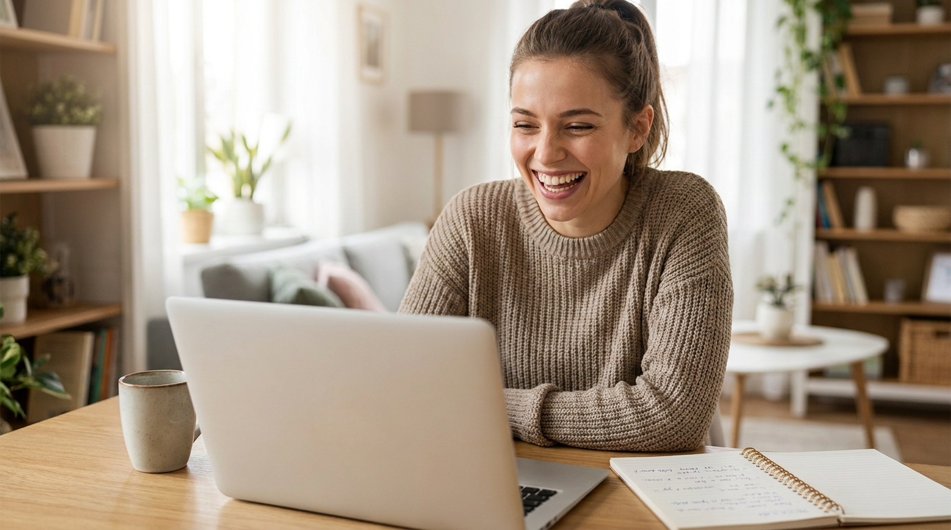 A learner smiling while studying at a laptop with a notebook and coffee nearby